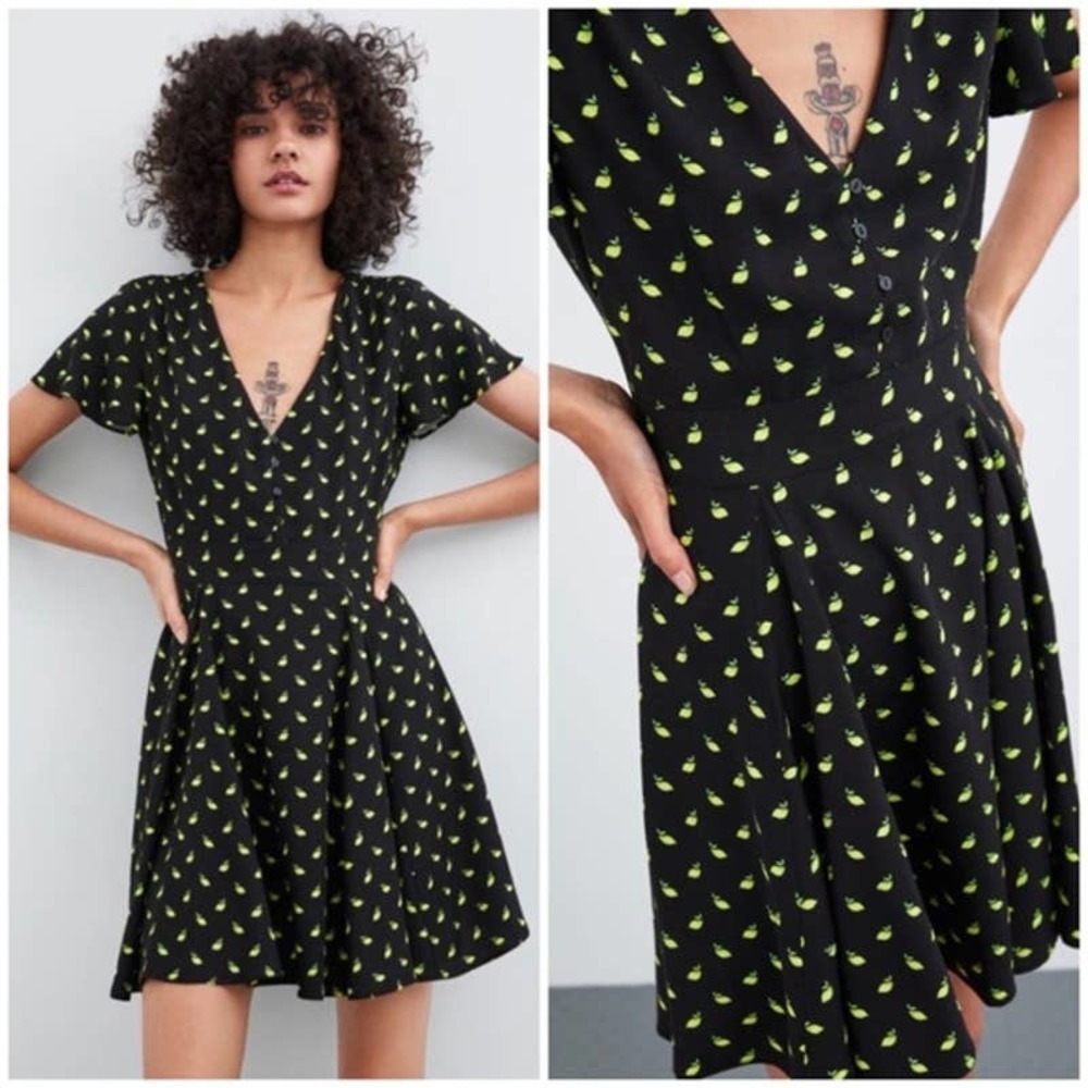 Zara Mini Dress SMALL Black Yellow Lemon Print V-Neck Short Sleeve Casual Button